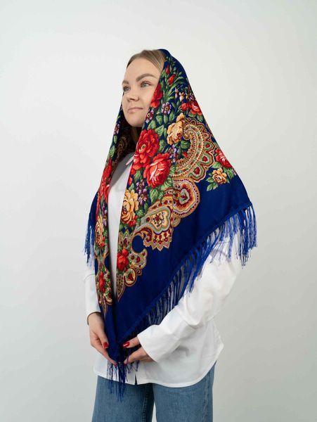 Хустка народна в етно-стилі з китицями 135*135см, 1 синій 8111 фото
