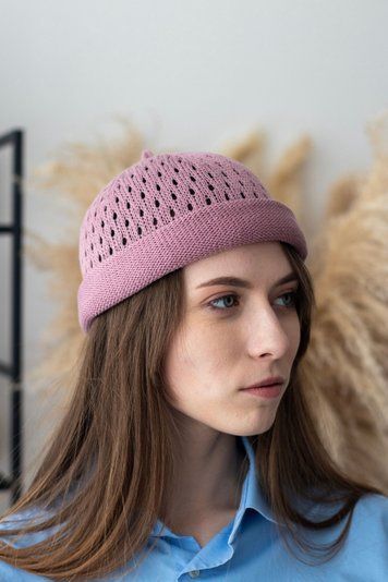 Шапка-феска з ажурної сітчастої в'язки Ейчел, 307 цикламен Ейчел фото