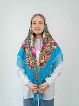 Платок народный в этно-стиле с кистями 135*135см, 10 голубой 8111 фото