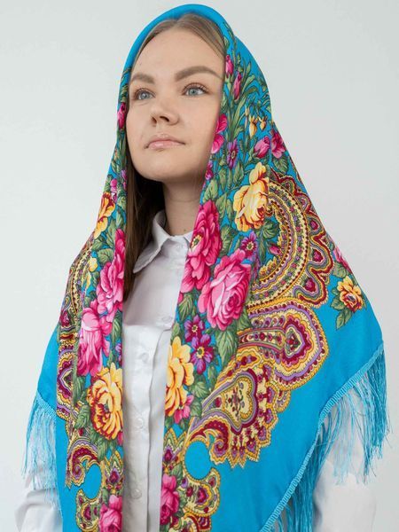 Хустка народна в етно-стилі з китицями 135*135см, 10 блакитний 8111 фото