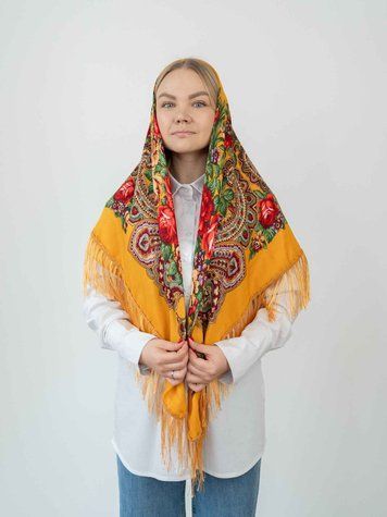 Хустка народна в етно-стилі з китицями 135*135см, 11 жовтий 8111 фото