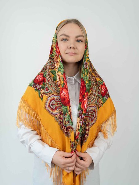 Хустка народна в етно-стилі з китицями 135*135см, 11 жовтий 8111 фото