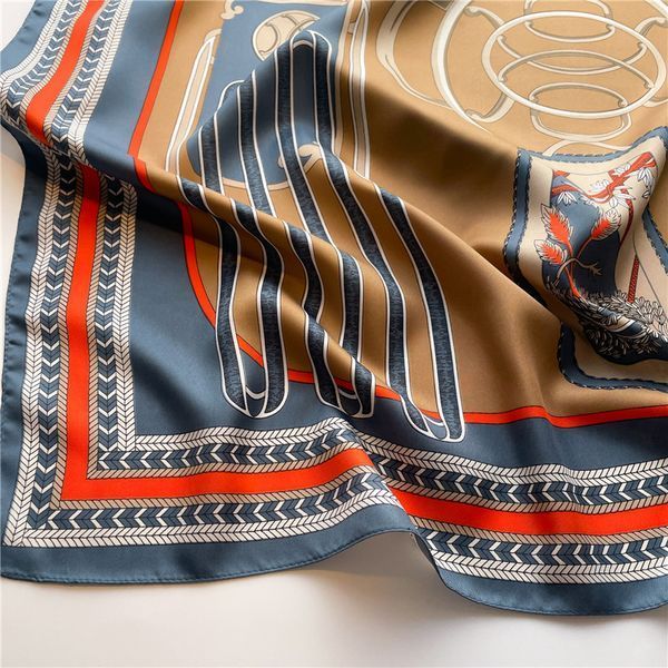 Стильная косынка с принтом Геральдика в стиле Hermes 90*90см, голубой+беж 10237 фото